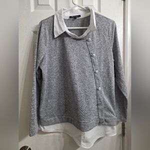 Lily Morgan Grey Marled Sweater w/ Button Detail & Layered Collar - Size L